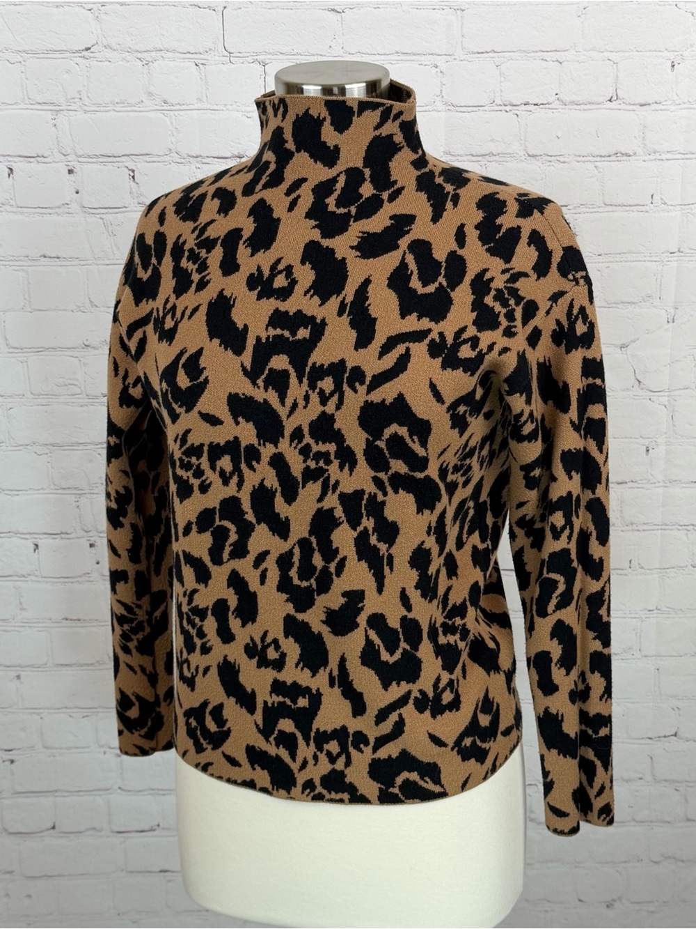 Nicole Miller Leopard-Print Mock Neck Sweater in Black & Brown
